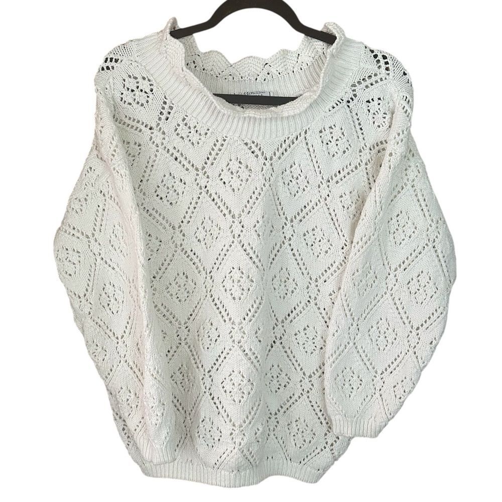 Vintage Mondala Made in USA Ivory 100% Cotton Diamond Eyelet Knit Sweater M/L